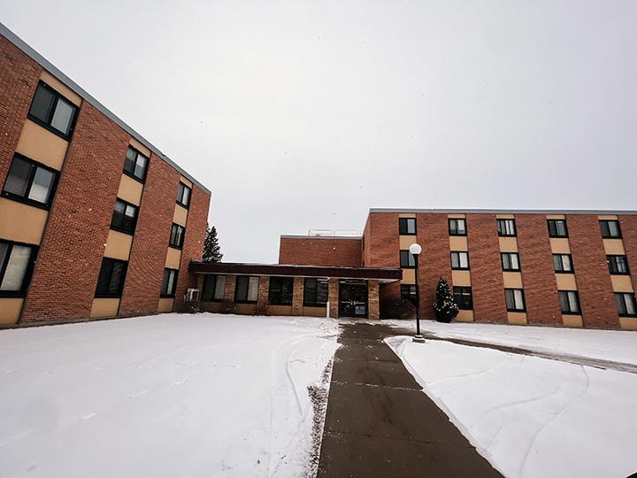 Outside view of Skyberg Hall in the winter